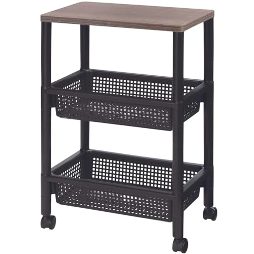 不動技研(Fudogiken) ウッドスタイルワゴン ブラック キャスター付き 3段 幅45.5×奥行29.5×高さ70?p 日本製 収納 天板 ラック デスク下 キャリー カート スリム 低い おしゃれ かわいい 棚 キッチン 隙間 省ス
