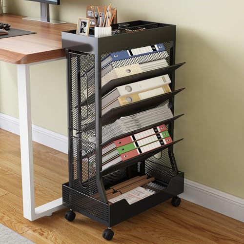COVAODQ 本棚 教科書 収納 書類棚 本棚 キャスター付き マガジンラックブックシェルフ 大容量 机上整理 組立簡単 オフィス、学校、教室での使用に適しています 雑誌 収納 漫画 収納 文房具 収納 片面収納 ブラック 7,800円