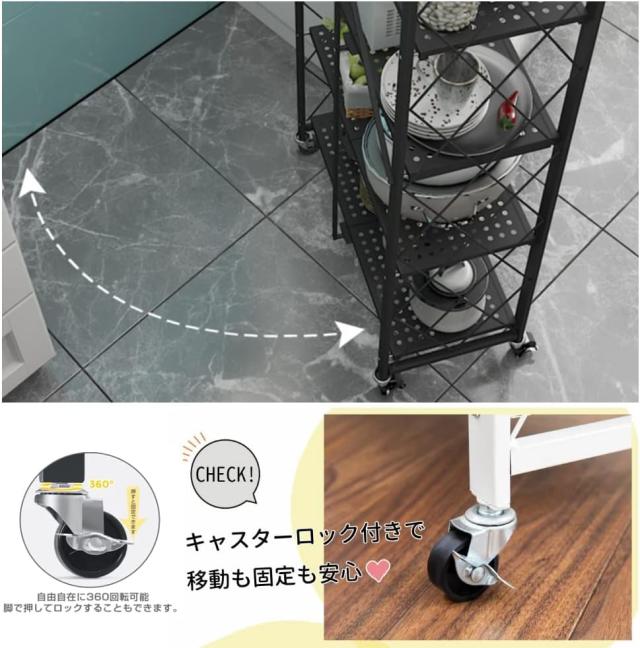 JOOHY スチールラック 収納ラック キャスター付き メタルラック 折りたたみ式 オープンラック 5段 幅70×奥行34×高さ163cm キッチンラック シェルフ 食器棚 移動便利 大容量 組立簡単 広げるだけで使える （ブラック）_4