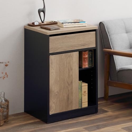 アイリスオーヤマ キャビネット デスクワゴン サイドテーブル 引き出し付き おしゃれ 木目 キャスター付き チェスト サイドチェスト デスク サイドデスク サイドワゴン 木目調 ブラック/アッシュブラウン 幅約46.8cm×奥行約35.0の通販は