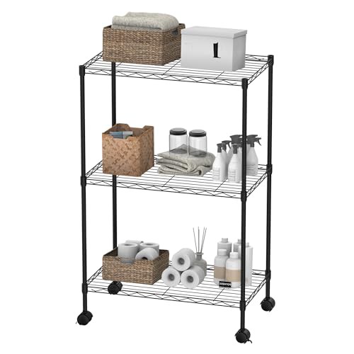 FLEXISPOT スチールラック CJ1 キッチンラック メタルラック 3段 幅60cm 収納棚 総耐荷重60kg キャスター付き 棚板上下調整可能 工具不要 防錆 (ブラック, 3段)の通販は 5,976円