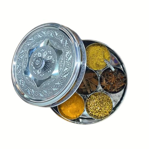 スパイスボックス、彫刻入り、スパイスケース、マサラボックス、カレー、インド、調味料収納、ステンレス製、おしゃれ、取っ手付き