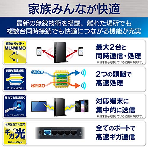 エレコム WiFi 無線LAN ルーター 親機 11ac/n/a/g/b 867+300Mbps 有線Giga 接続推奨15台 デュアルコアCPU ビームフォーミングZ WRC-1167GHBK2-Sの通販は
