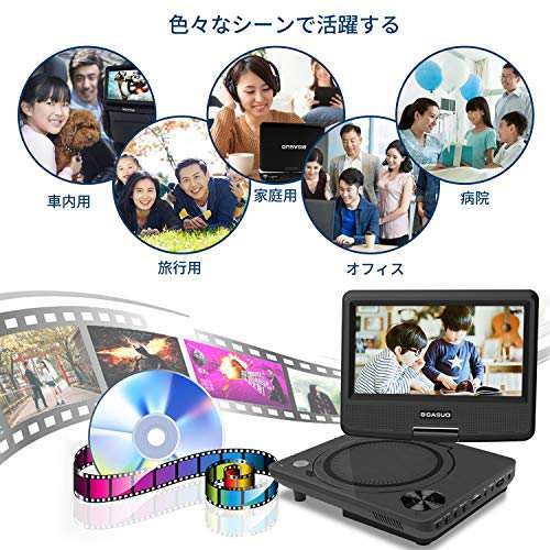 BIGASUO ポータブルDVDプレーヤー 7.5インチ 単3形乾電池式 6時間再生可能 リージョンフリー 車載 270度回転 AC DC 3電源対応 CPRM/USB/A