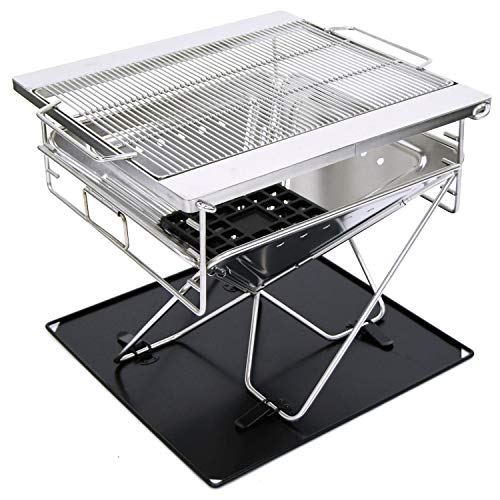 焚き火台 Lサイズ フルセット 5段階高さ調整 BBQグリル ポータブル バーベキュー コンロ 折りたたみ キャリーバッグ付き コンパクト グリル (03 Lサイズ シルバー)