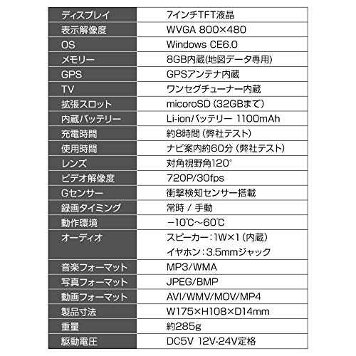 2019年版地図 カーナビ + ドライブレコーダー 7インチ ワンセグ 地デジチューナー内蔵 オービス対応 ポータブルナビ (PD-705R)るるぶ地図