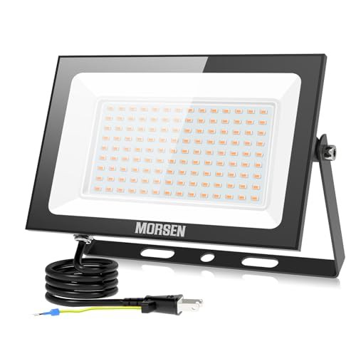 【超薄型軽量・電球色3000K】MORSEN 投光器 100W led 15000LM 電球色 極薄型 100v 灯光器 作業灯 外灯 看板灯 工事用ライト 屋外用 野外