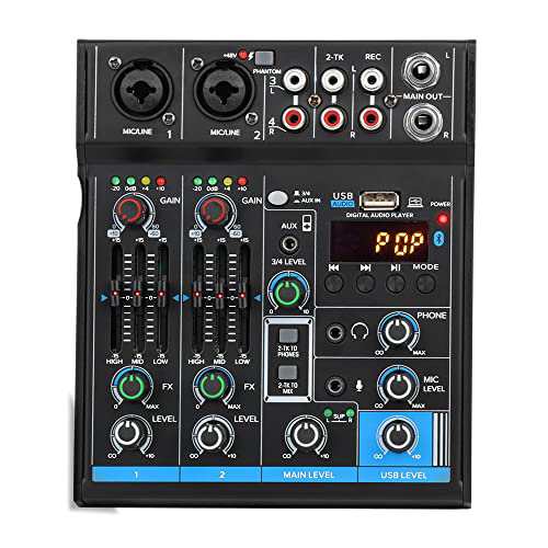 ポータブルミニミキサー4チャンネルオーディオDJコンソールサウンドカード、USB、48V Phantom Power for PCレコーディングWebキャストパ