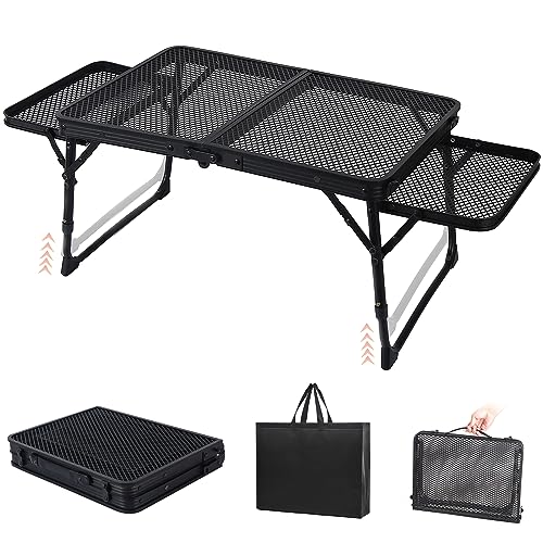 キャンプ テーブル 折畳テーブル サイドテーブル付き メッシュテーブル 大きなスペース ローテーブル 二つ折りテーブル 耐熱【超軽量材質 耐荷重45kg】携帯便利 収納袋付き (黒 昇降可能)の通販は 7,040円