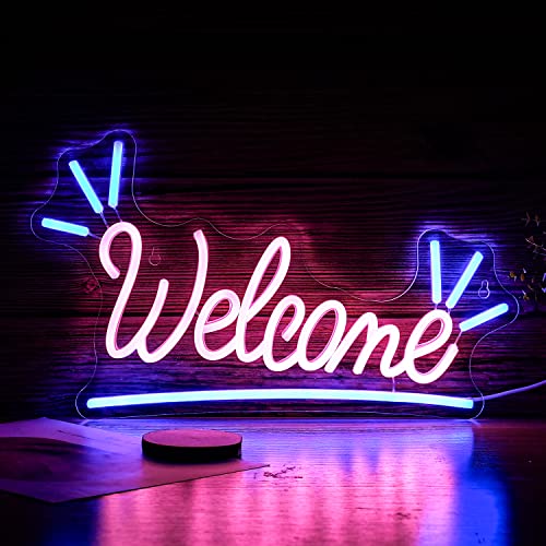 Welcomeネオンサイン 調光可能 ledネオン看板 USB ピンク ブルーネオンライト ストアショップ ホテル 喫茶店 バー パーティー装飾ライト（42.5cm25cm）の通販は 5,185円