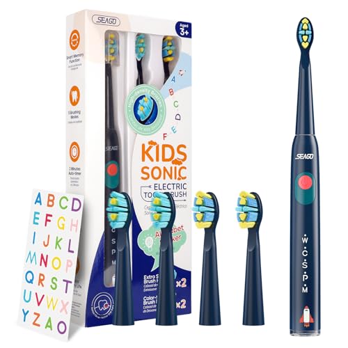 SEAGO 電動歯ブラシ 子供 音波歯ブラシ 替えブラシ 4本 ステッカー USB充電式 タイマー 充電リマインダー 5つのモード メモリー機能 IPX7防水 3歳以上の子供向け (ブルー) 5,400円