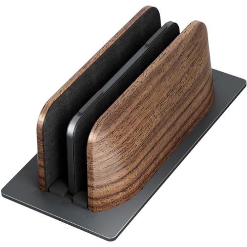 LOE(ロエ) ノートパソコン スタンド 縦置き 収納ホルダー 2台対応 幅調節可 木製デザイン アルミ合金 全機種対応 MacBook/Surface/iPad 省スペース PCスタンド (ブラック)の通販は 6,536円