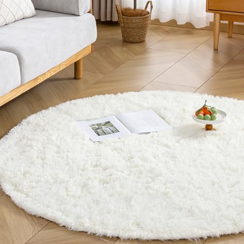 Keusnix ラグ カーペット ラグマット ふわふわ シャギーラグ 円形 絨毯 直径150cm 滑り止め付 洗える 肌触り優しい 防ダニ 抗菌 防臭 オールシーズン快適に使用 床暖房 ホットカーペット対応 ホワイト 5,500円