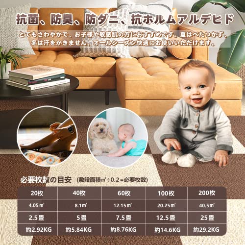 タイルカーペット 事務所用 大判 60枚 ジョイントマット タイルマット オフィス ペット用 床保護マット 洗える 吸着マット 原状回復 接着剤不要 防臭 抗菌 ズレない 防音 保温 滑り止め 床暖房対応 45*45cm フローリングマッの通販は