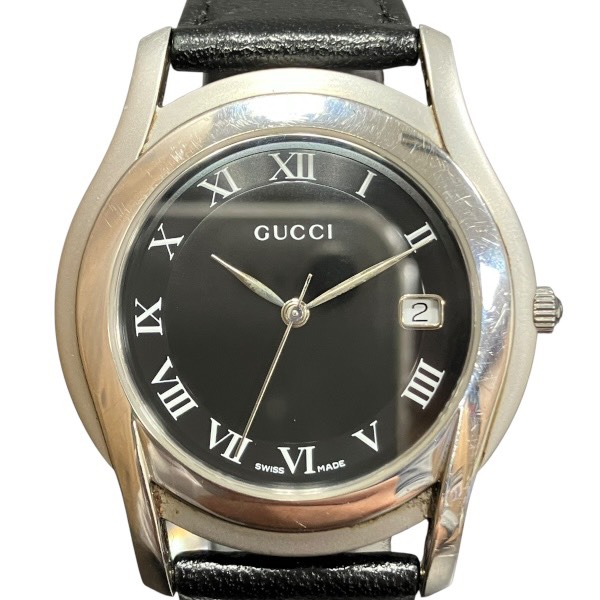 グッチ GUCCI 5500M クォーツ ブラック文字盤 デイト レザー 時計 腕時計 メンズ【中古】