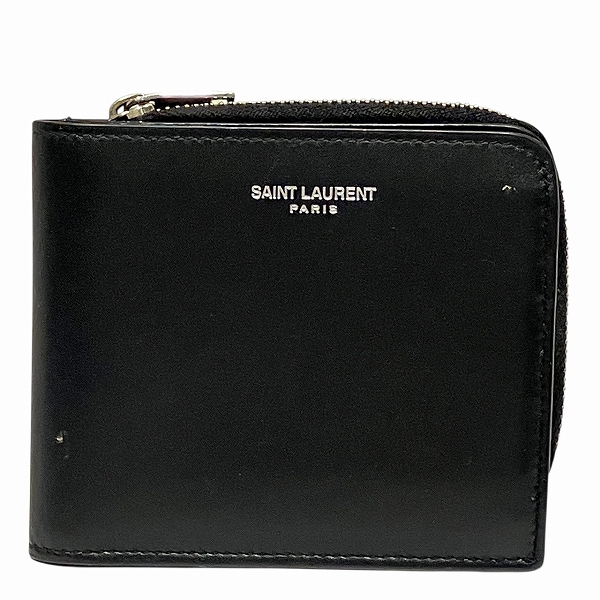 サンローラン ブラック レザー L字ファスナー 二つ折り財布 メンズ【中古】