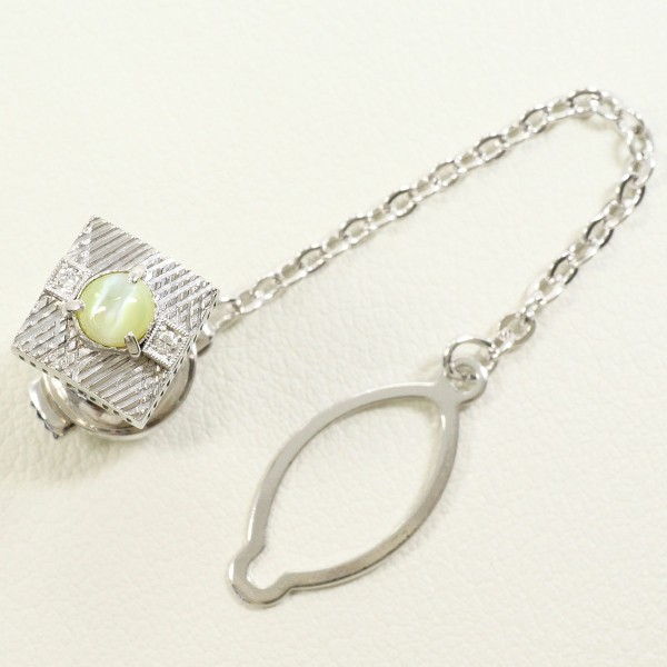 PT850 プラチナ 合金 ピンブローチ クリソベリルキャッツアイ ダイヤ 総重量約4.1g 中古ジュエリー