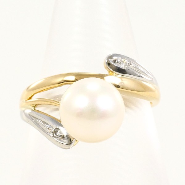 PT900 プラチナ K18YG リング 指輪 7号 パール(真珠) 約8mm ダイヤ 総重量約3.0g 中古ジュエリー