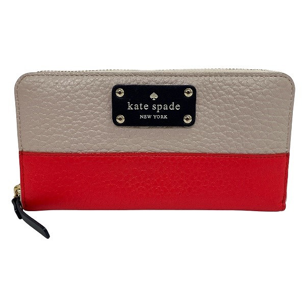 ケイト・スペード グローブコート PWRU3736 ベージュ×レッド レザー ラウンドファスナー 財布 長財布 レディース【中古】