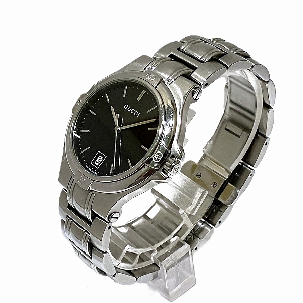 ◇GUCCI グッチ 9040M クォーツ デイト メンズ 腕時計 シルバー×ブラック