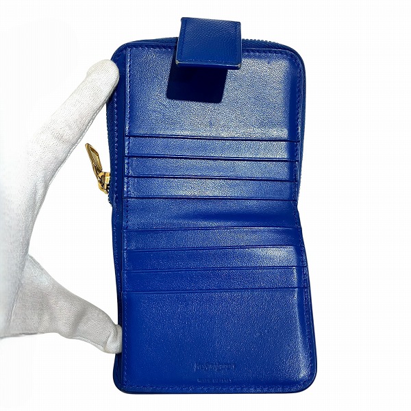 YSL 二つ折り財布 青 YSL イヴ・サンローラン 折り財布 レザー 青 イブ