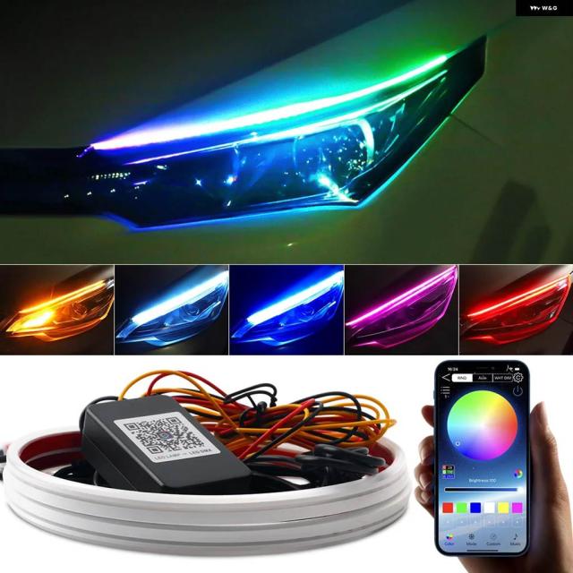 2個 DRL 車用フレキシブル LED デイタイム ランニングライト ウィンカーランプ アプリ 制御 RGB フローティングストリップ ヘッドライト 装飾 ランプ 12V