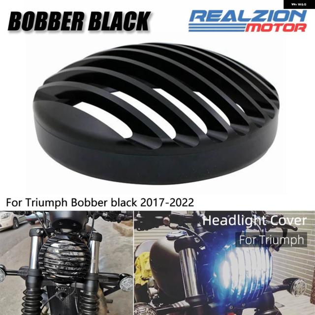 リアルジオンブラック バイク レトロ ヘッドライト グリル ガードカバー ヘッドランプ プロテクター トライアンフ 2017-2021 2019 ブラックシャロー