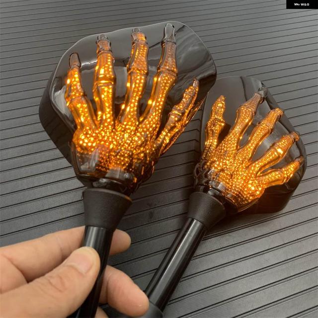 スカル スケルトン バイク リアビュー LED ウィンカー ミラー ハーレー ホンダ ヤマハ クルーザー ソフテイル スポーツスター