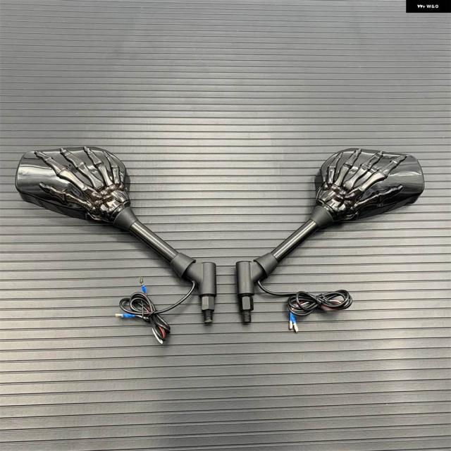 1ペア 10MM バイク ハンドルバー スカルハンドパターン ゴーストクロー リアビューサイドガラスミラー 12V LEDライト