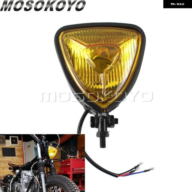 ブラックウィズ アンバー バイク トライアングル ヴィンテージ ヘッドライト H4 55/60W フロントランプ 汎用 カフェレーサー ホンダ スズキ ヤマハ