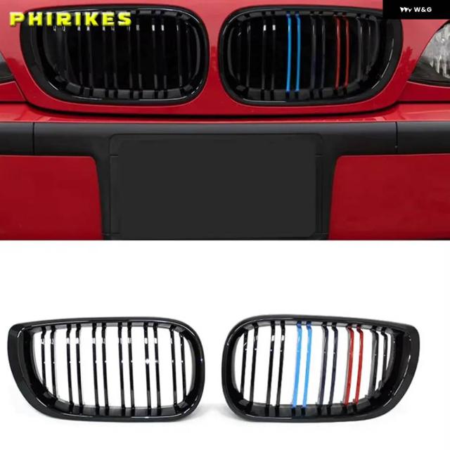 ペアカーフロントキドニー グリル グロスブラック 2スラットフード グリル BMW 3シリーズ E46 4ドア 2002-2005 レーシング グリル