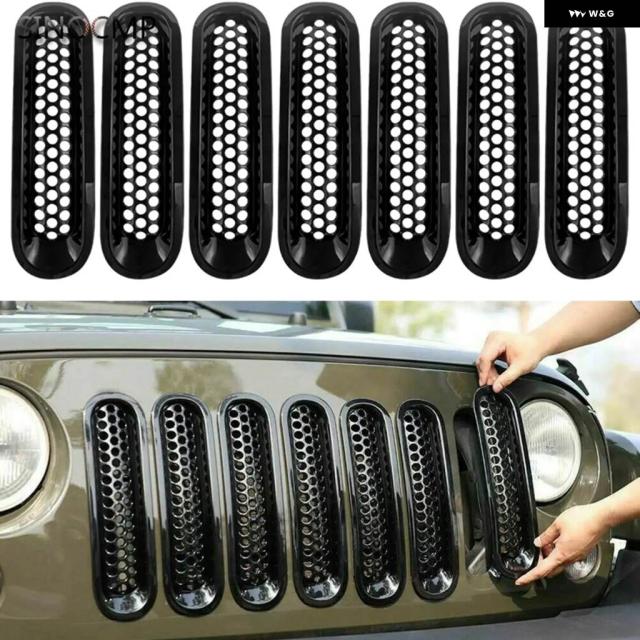 7ピースフロント グリル メッシュインサート ジープ ラングラー JK 2007-2017カー スタイリング パーツアクセサリー用 クリップイン グリル カバー ガード