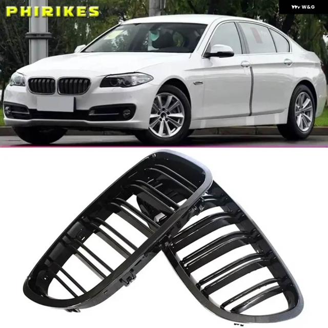 BMW 5シリーズF10 F11 F18 2010-2017 デュアルライン レーシング グリル 光沢ブラックフロントキドニーダブルスラット グリル