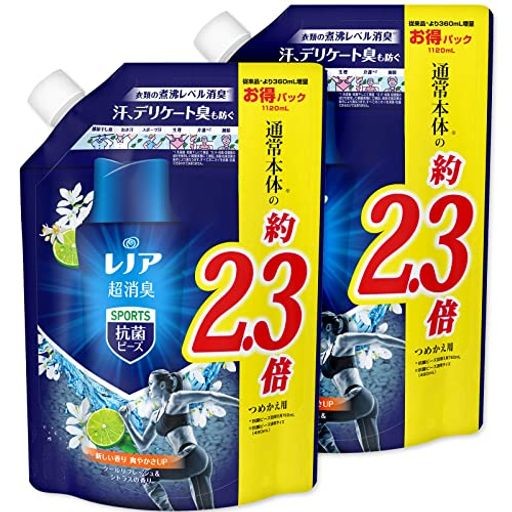 【まとめ買い】 レノア 超消臭 抗菌ビーズ スポーツ クールリフレッシュ&シトラスの香り つめかえ用 特大 1120ML × 2個