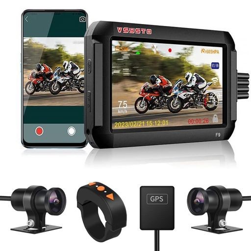 VSYSTO バイク用ドライブレコーダー前後カメラ STARVIS4インチ 全体防水 WIFI 200万画素 S-ONY307センサー 暗視機能 150°広角 ストップ