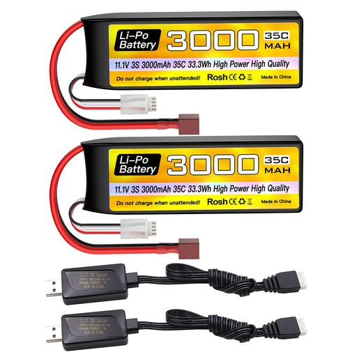 2PCS 3S リチウムイオンバッテリー 11.1V 3000MAH 35C Tプラグ付き USB充電ケーブル付属 RCカー、トラック、ボート、クアッドコプター、FPVドローン用バッテリー