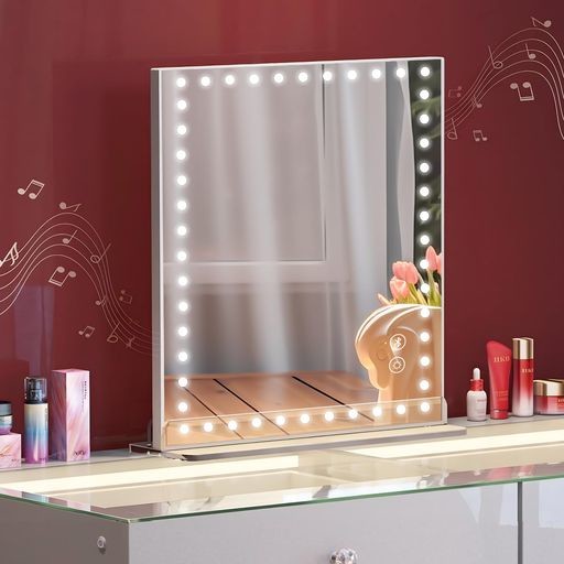 VANITII GLOBAL 女優ミラー ハリウッドミラー 鏡 卓上 化粧鏡 卓上 女優鏡 25X30CM LED付き 3つライトモード 明るさ調整可 音楽聞く可 10倍拡大鏡付 給電式 白の通販は