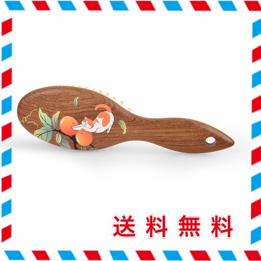 TAN MUJIANG 譚木匠 ヘアブラシ 天然木 頭皮マッサージ YM オレンジ 猫