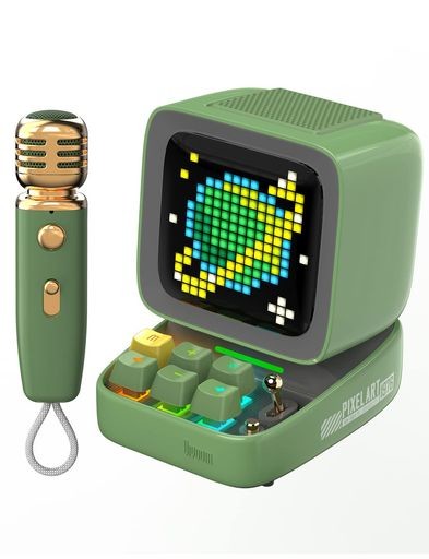 DIVOOM DITOO-MIC ワイヤレスBLUETOOTHスピーカー カラオケ自宅用/マイク/ドット絵/低音強化/USB-C接続/TFカード対応/APP多機能操作(グリ