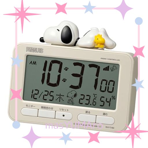 リズム(RHYTHM) スヌーピー 目覚まし時計 デジタル 電波時計 立体 フィギュア 電子音 アラーム (スヌーズ 付) 温度計 湿度計 カレンダー ベージュ 10.2×12×5.4CM 8RZ235MS38