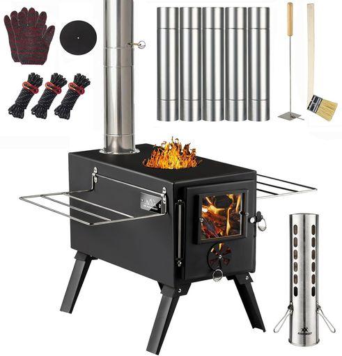 薪ストーブ AVOFOREST キャンプ用 折りたたみ式 7段階煙突 耐熱ガラス グリッド棚付き コンパクト収納 スチール製 耐熱塗装 焚火台 アウトドア ウッドストーブ テント用 バーベキューBBQ 暖…
