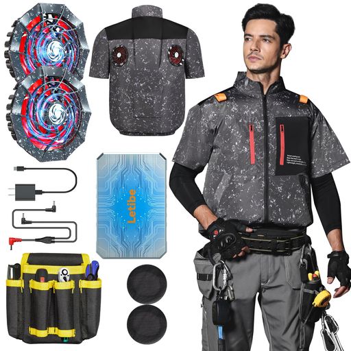 ファン付き作業服 最強42V 37460MAH ファンバッテリーセット 半袖 AI自動調節機能 16Vから42Vまで調節可能 二重制御モード 30W超高速充電 発火防止アルミ加工 PSE認証済 熱中症対策 作業用ツー…