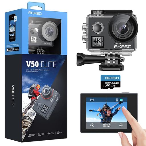 AKASO アクションカメラ 4K60FPS V50ELITE タッチスクリーン式 64GB MICROSDメモリーカード WIFI搭載 音声制御 EIS手ぶれ補正 40M防水 水中カメラ 8倍ズーム 170度広角レンズ HDMI出力 リモコン付き
