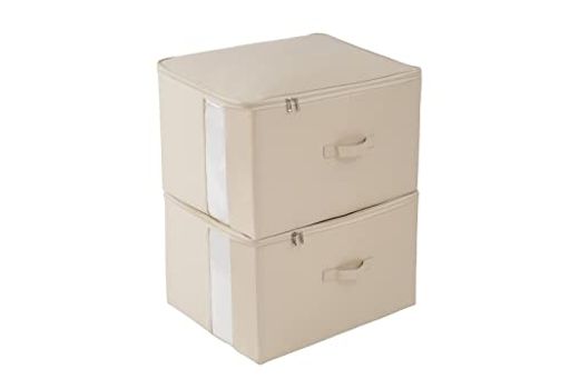 TIANZONG収納ボックス 収納ケース 大容量 衣類収納 折りたたみ 取っ手付き ふた付き おしゃれ 布製 衣装ケース 透明窓付き ファスナー (ベージュ, 幅50×奥行40×高さ32CM 2点セット)の通販は 6,344円