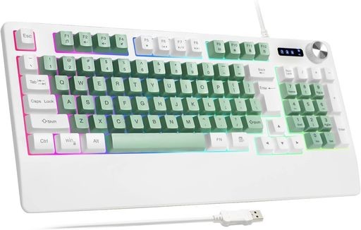 【送料無料】HUO JI USBゲーミングキーボード、RGB LEDバックライト付き、マルチメディアボリュームノブ、リストガード、機械感、飛散防