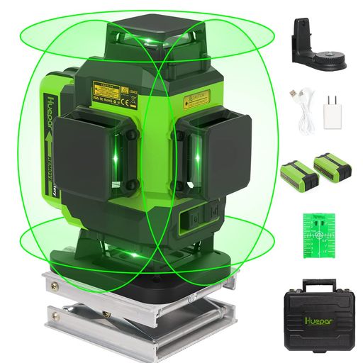 HUEPAR 4X360 ン レーザー墨出し器 セルフレベリング 16 ライン 4D グリーンレーザー クロスライン タイルフロアレーザーツール - 2 X 360 水平レーザーライン & 2 X 360 垂直レーザーライン、2