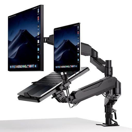 ロボロビン デュアル ノートパソコン/モニターアーム 安定性UP トレイ付き 11-17インチ対応 高度12-60CM 角度自由に調整 ガススプリング グロメット式&クランプ式 モニターアーム 360度回転 11…