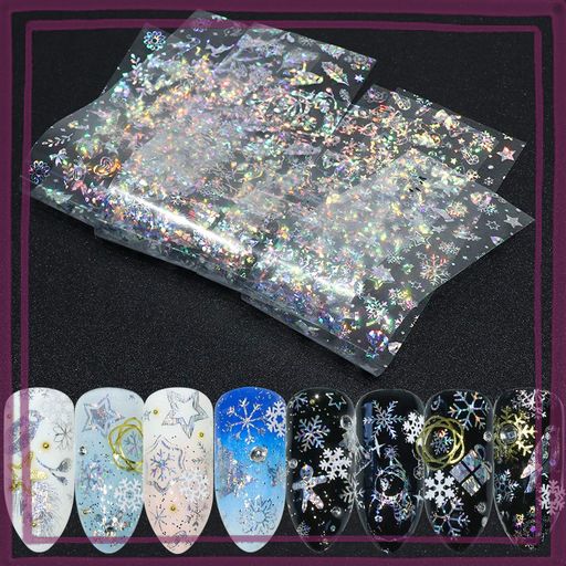 10種セット 冬 クリスマス 雪の雪の結晶 オーロラネイルホイルフォイル ブラック&透明 ネイルシーツネイルパーツネイルアート