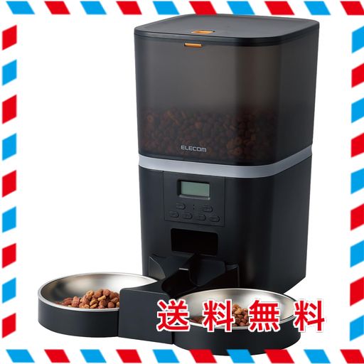 エレコム 自動給餌器 猫 中小型犬用 6L (約3.3KG) タイマー機能付 録音機能付 1日最大6回 蓋ロック機能 2皿 幅320×奥行355×高さ326.5MM ブラック PET-AF02BK