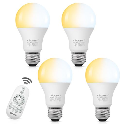 DICUNO LED電球 E26口金 60W形相当 調光 調色 リモコン付き 8W 810LM 電球色 昼白色 昼光色 常夜灯 一般電球形 広配光 遠隔操作 省エネ 高輝度 PSE認証済み A60 4個入(電池別売)